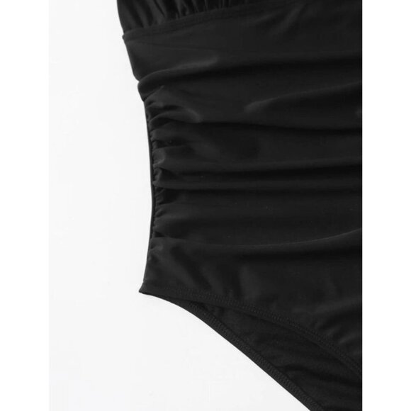 NWOT One Piece Swimsuit Plus Ruched Backless HalterTie Removable Cups 3XL Black - Picture 3 of 12